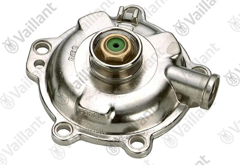 Wasserschalter-Oberteil von Vaillant, metallisch und rund mit zentraler Öffnung und einem seitlichen Anschluss. Erkennbar sind mehrere Montagebohrungen.